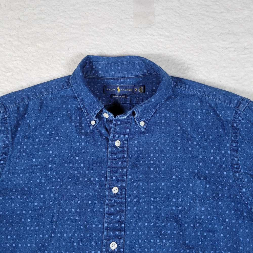 Ralph Lauren Shirt Mens XL Blue Indigo Oxford Geometric Print Long Sleeve Button